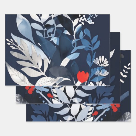 Deep Blue en Red Botanical Inpakpapier Vel (Set)