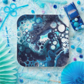Deep Blue en White Marble Fluid Art Papieren Bordje (Feest)