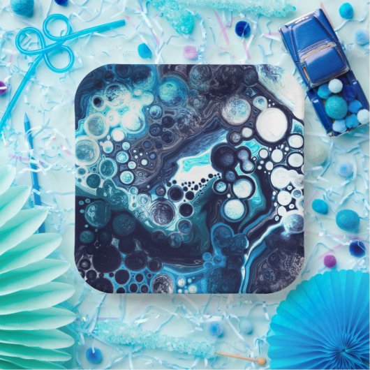 Deep Blue en White Marble Fluid Art Papieren Bordje (Feest)
