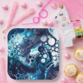 Deep Blue en White Marble Fluid Art Papieren Bordje (Feest)