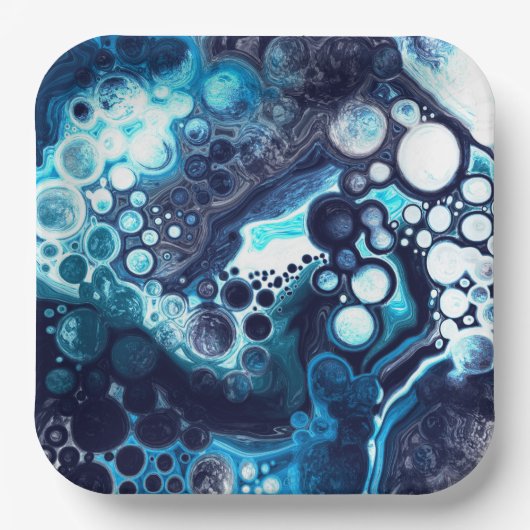 Deep Blue en White Marble Fluid Art Papieren Bordje (Voorkant)