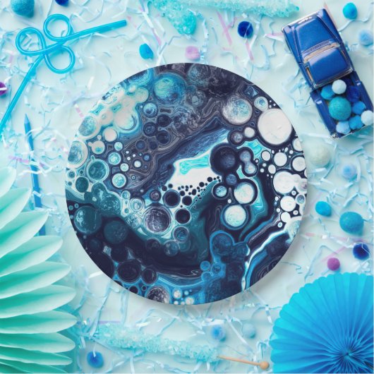 Deep Blue en White Marble Fluid Art Papieren Bordje (Feest)