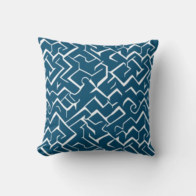 Deep Blue en White Meander Pattern | Moderne Maze Kussen (Voorkant)