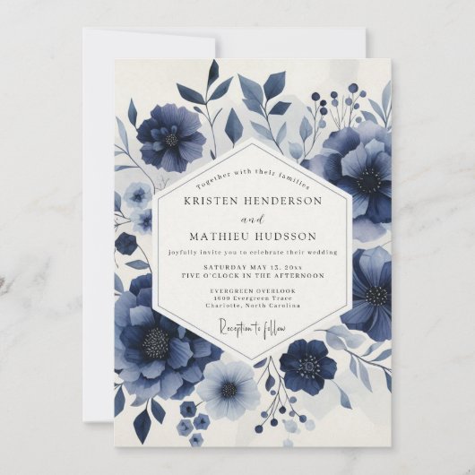 Deep Blue Ethereal Bloom Wedding Kaart (Voorkant)
