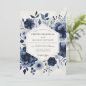 Deep Blue Ethereal Bloom Wedding Kaart (Staand voorkant)