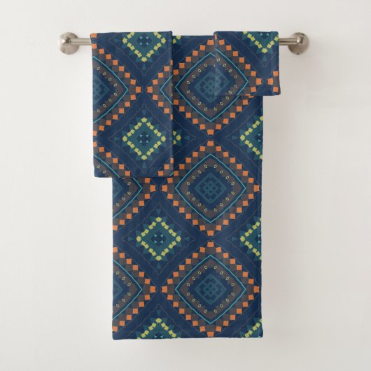 Deep Blue Ethnic Folk Boho Chic Mosaic Patroon Bad Handdoek (Insitu)