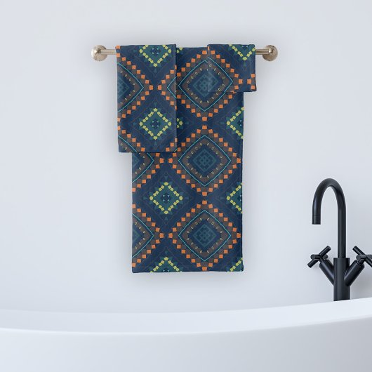 Deep Blue Ethnic Folk Boho Chic Mosaic Patroon Bad Handdoek