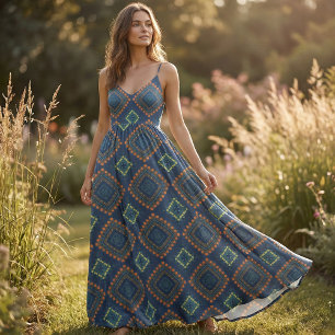 Deep Blue Ethnic Folk Boho Chic Mosaic Patroon Stof