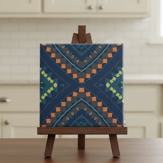 Deep Blue Ethnic Folk Boho Chic Mosaic Patroon Tegeltje