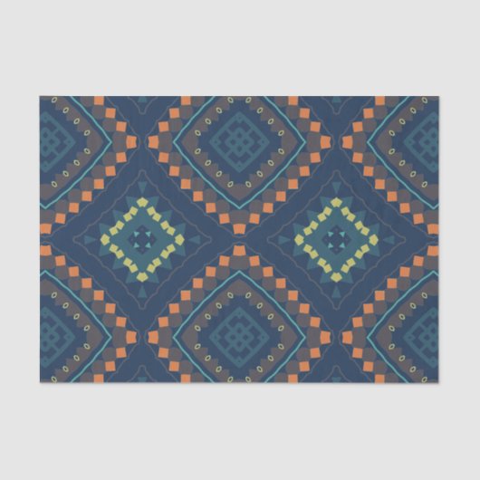 Deep Blue Ethnic Folk Boho Chic Mosaic Patroon Tissuepapier (Voorkant)