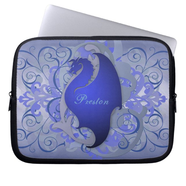 Deep Blue Fantasy Scroll Dragon-laptophoes Laptop Sleeve (Voorkant)