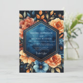 Deep Blue Floral Autumn Wedding Kaart (Staand voorkant)
