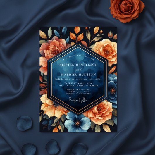 Deep Blue Floral Autumn Wedding Kaart