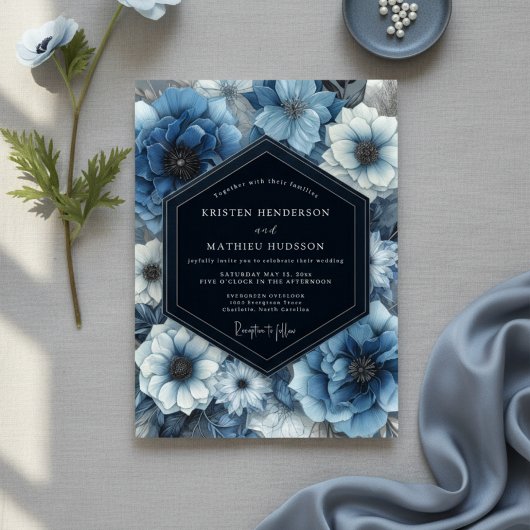 Deep Blue Floral Bloom Wedding Kaart