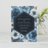 Deep Blue Floral Bloom Wedding Kaart (Staand voorkant)