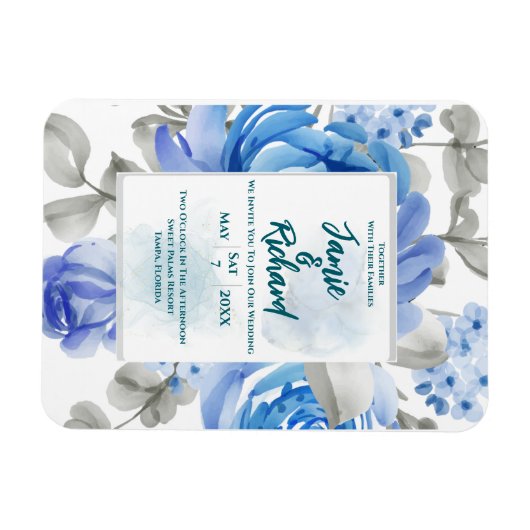 Deep Blue Floral bruiloft magneet uitnodiging (Horizontaal)