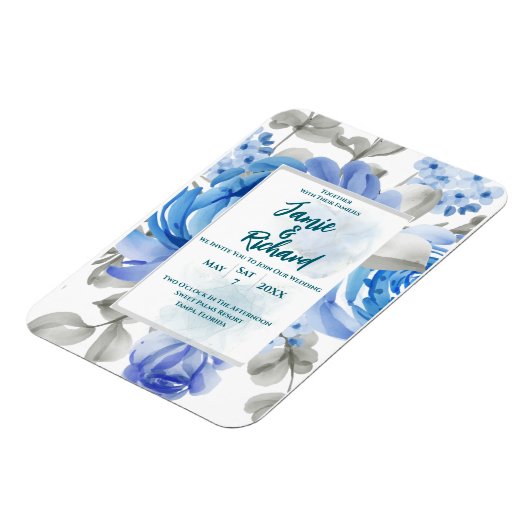 Deep Blue Floral bruiloft magneet uitnodiging (Linkerzijde)