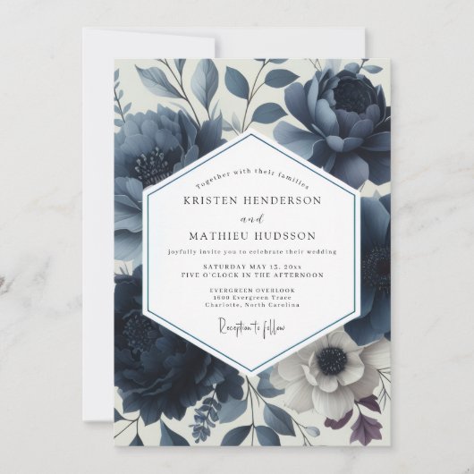 Deep Blue Floral Elegance Wedding Kaart (Voorkant)