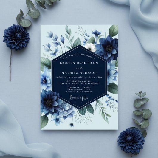 Deep Blue Floral Elegance Wedding Kaart