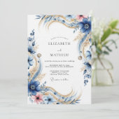 Deep Blue Floral Flourish Wedding Kaart (Staand voorkant)