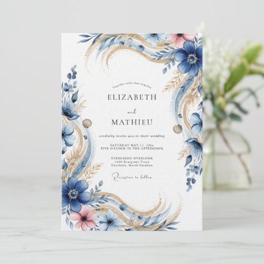 Deep Blue Floral Flourish Wedding Kaart (Staand voorkant)