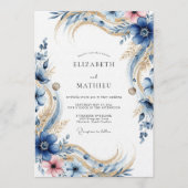 Deep Blue Floral Flourish Wedding Kaart (Voorkant)