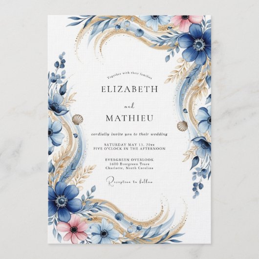 Deep Blue Floral Flourish Wedding Kaart (Voorkant)