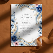 Deep Blue Floral Flourish Wedding Kaart