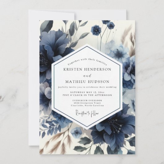 Deep Blue Floral Moody Wedding Kaart (Voorkant)