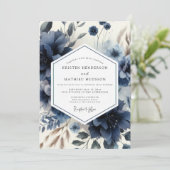 Deep Blue Floral Moody Wedding Kaart (Staand voorkant)