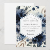 Deep Blue Floral Moody Wedding Kaart (Voorkant / Achterkant)