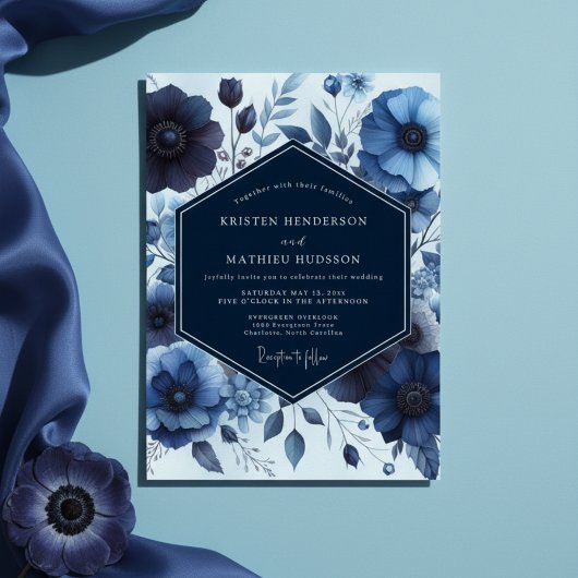 Deep Blue Floral Moody Wedding Kaart