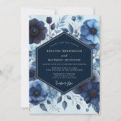 Deep Blue Floral Moody Wedding Kaart (Voorkant)