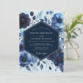 Deep Blue Floral Moody Wedding Kaart (Staand voorkant)
