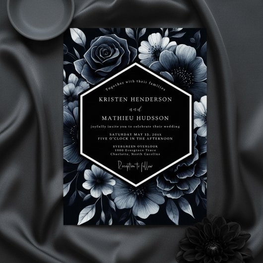 Deep Blue Floral Opulence Wedding Kaart