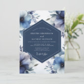 Deep Blue Floral Opulent Wedding Kaart (Staand voorkant)