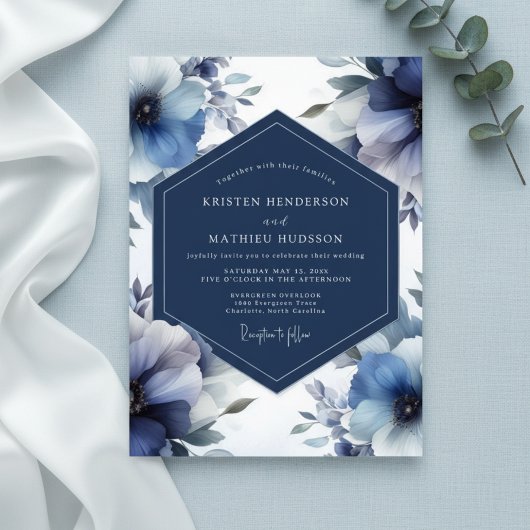 Deep Blue Floral Opulent Wedding Kaart