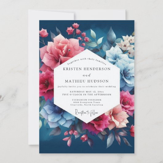 Deep Blue Floral Romance Wedding Kaart (Voorkant)