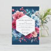 Deep Blue Floral Romance Wedding Kaart (Staand voorkant)