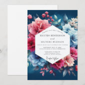Deep Blue Floral Romance Wedding Kaart (Voorkant / Achterkant)