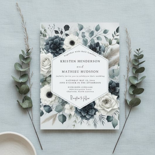 Deep Blue Floral Romance Wedding Kaart