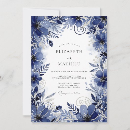 Deep Blue Floral Romance Wedding Kaart (Voorkant)