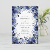 Deep Blue Floral Romance Wedding Kaart (Staand voorkant)