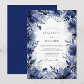 Deep Blue Floral Romance Wedding Kaart (Voorkant / Achterkant)