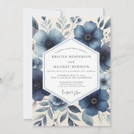 Deep Blue Floral Romantic Wedding Kaart (Voorkant)