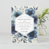 Deep Blue Floral Romantic Wedding Kaart (Staand voorkant)