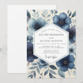 Deep Blue Floral Romantic Wedding Kaart (Voorkant / Achterkant)