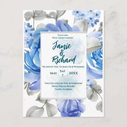 Deep Blue Floral Wedding Invitation Briefkaart (Voorkant)