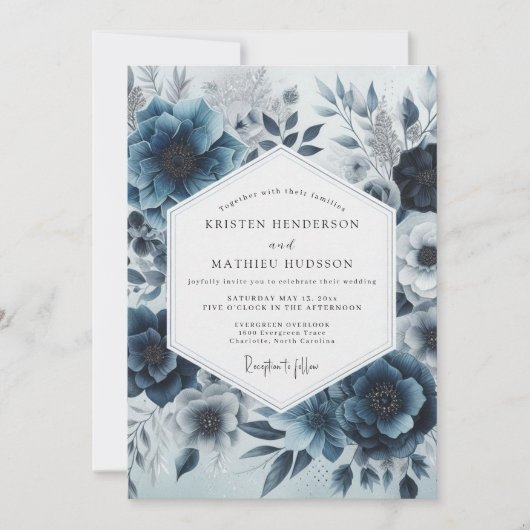 Deep Blue Floral Whimsy Wedding Kaart (Voorkant)