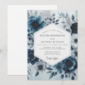 Deep Blue Floral Whimsy Wedding Kaart (Voorkant / Achterkant)